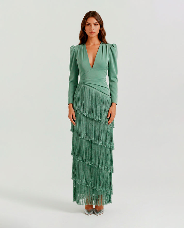 Clara™ - Vestido de Gala con Mangas de Flecos