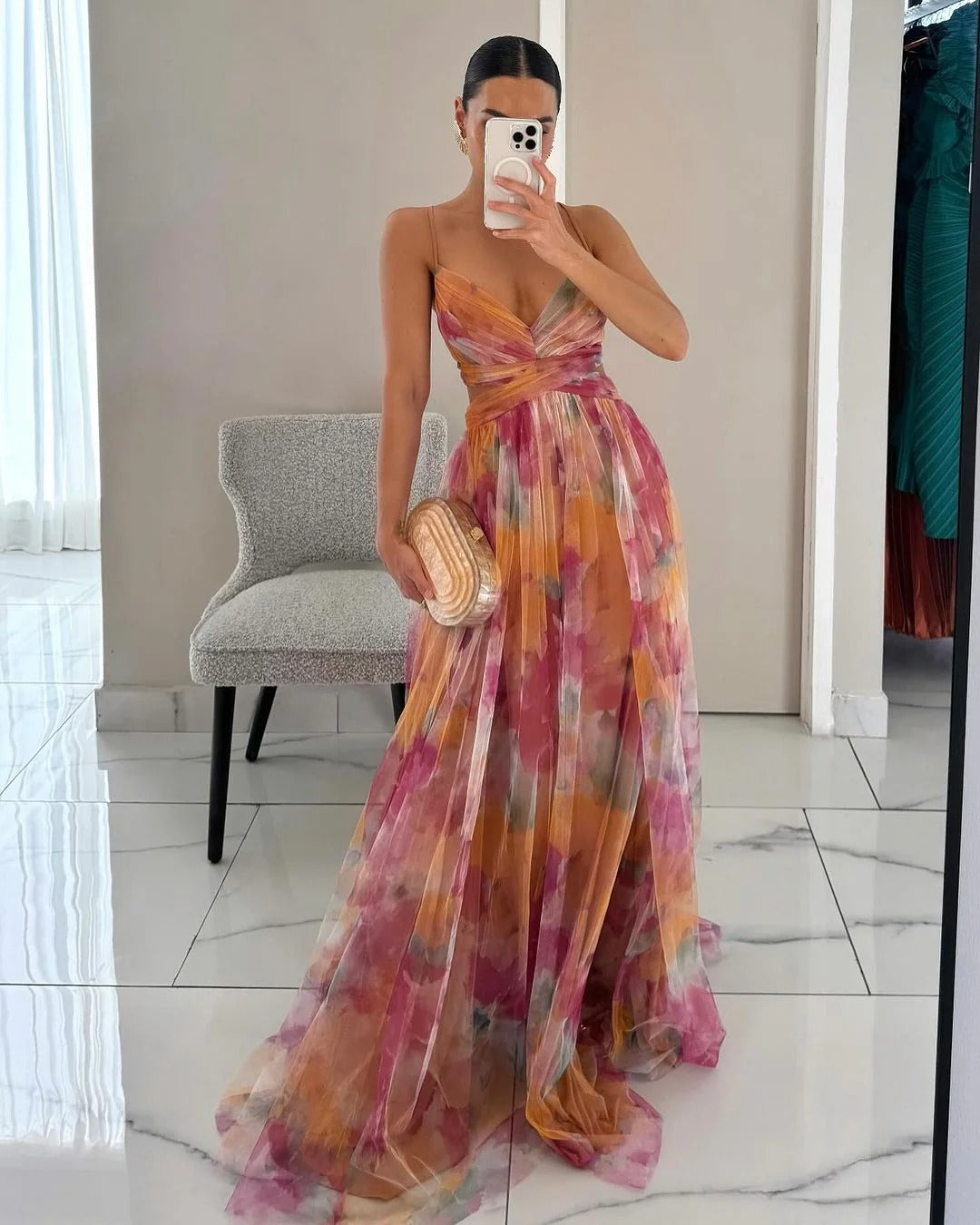 Claudia™ - Vestido de Gala en Gasa con Estampado Floral