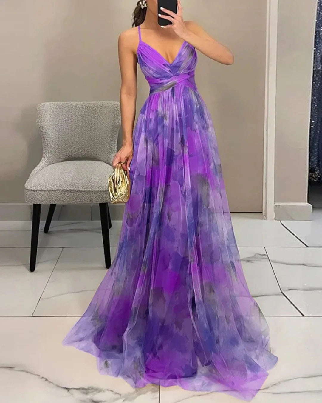 Claudia™ - Vestido de Gala en Gasa con Estampado Floral