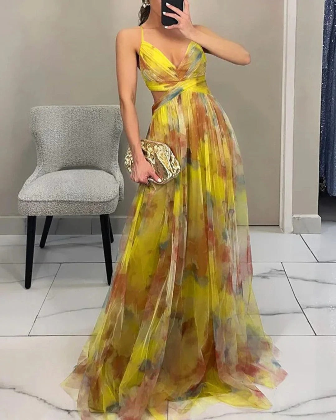 Claudia™ - Vestido de Gala en Gasa con Estampado Floral
