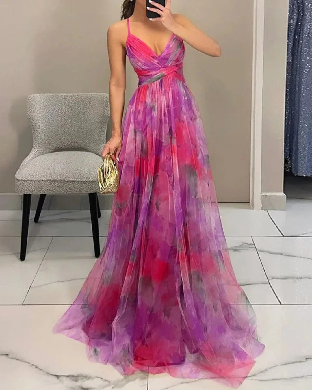 Claudia™ - Vestido de Gala en Gasa con Estampado Floral