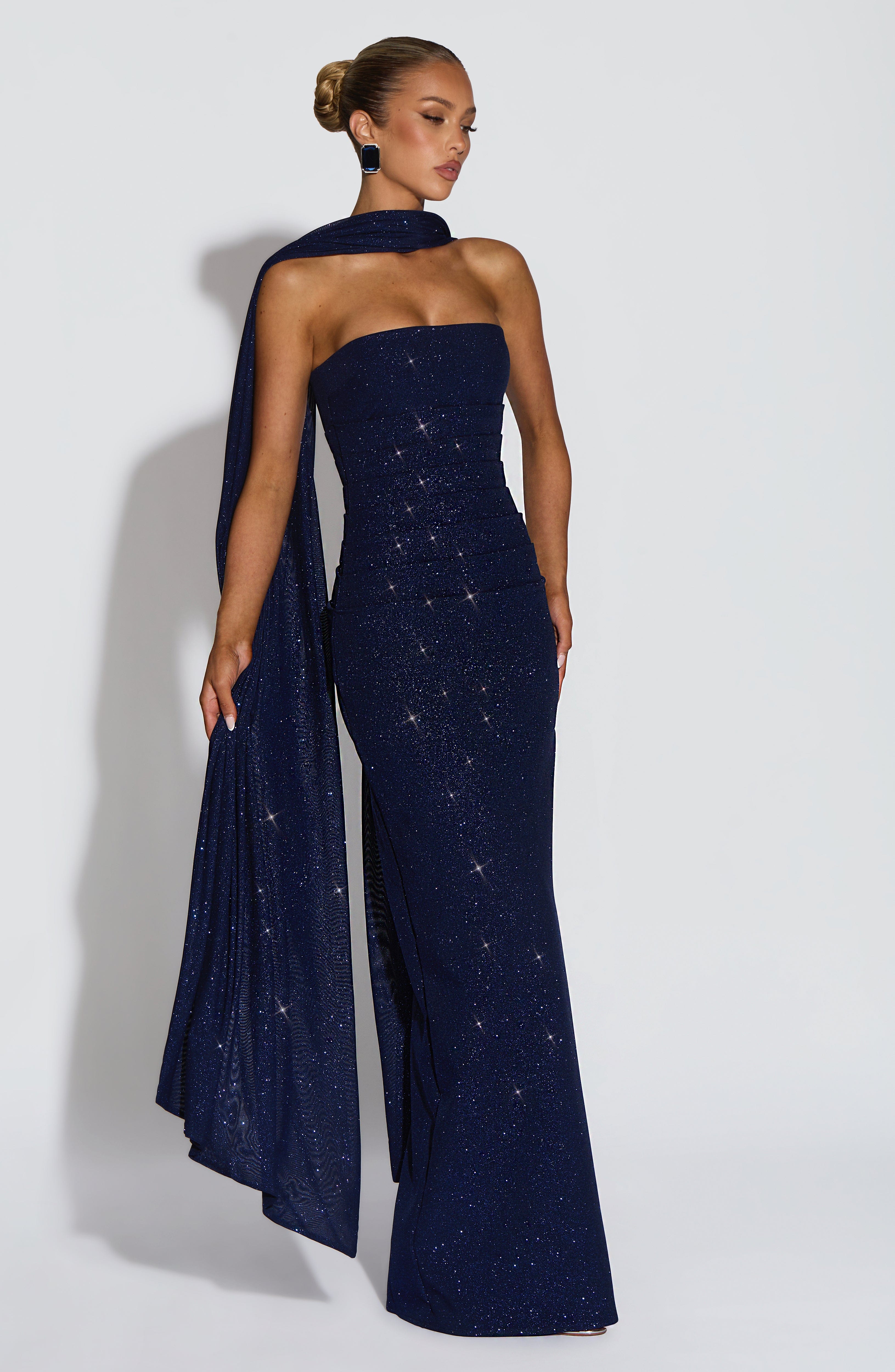 Gabriela™ - Vestido de Gala en Crêpe Azul Noche Centelleante