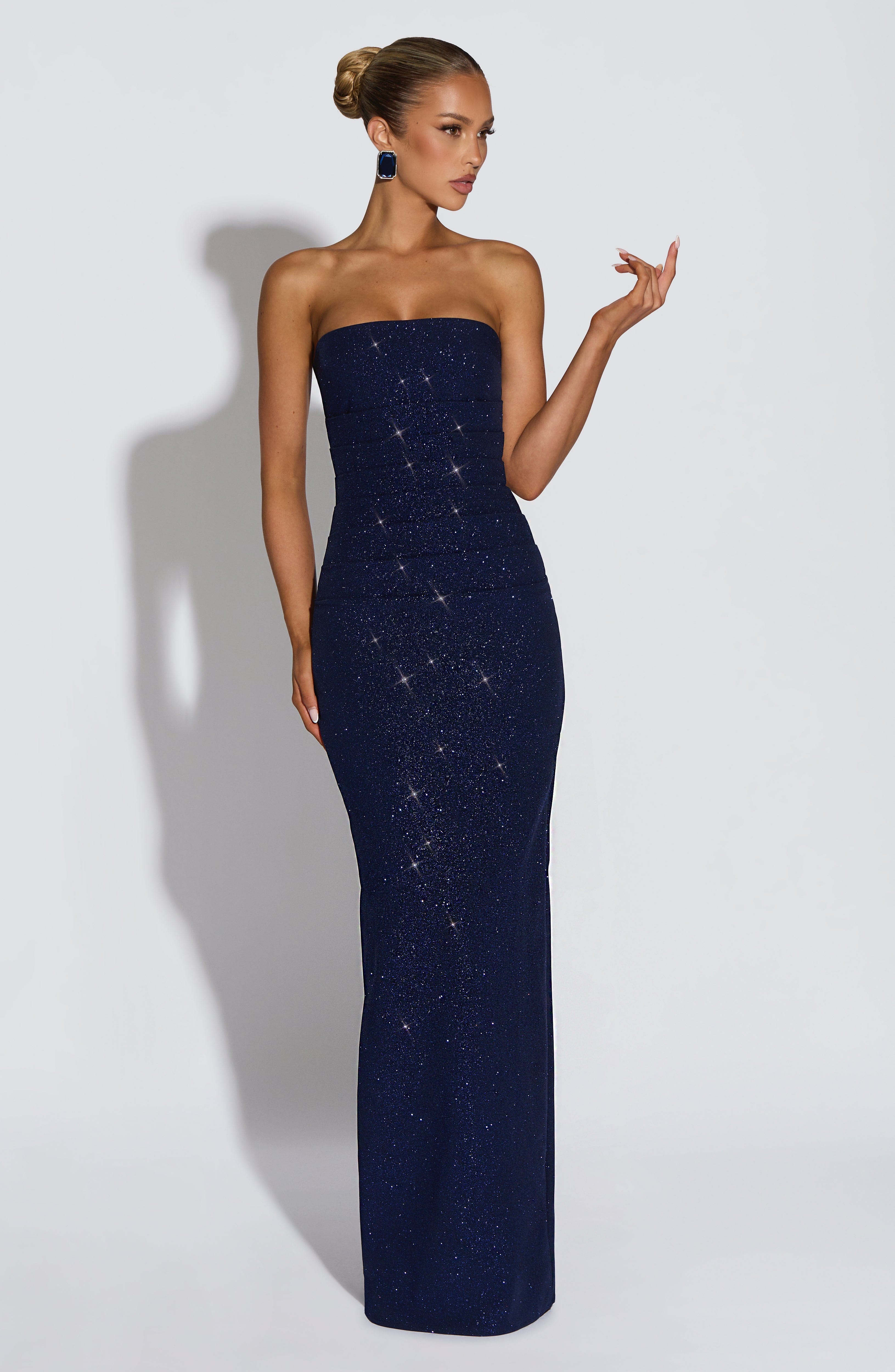 Gabriela™ - Vestido de Gala en Crêpe Azul Noche Centelleante
