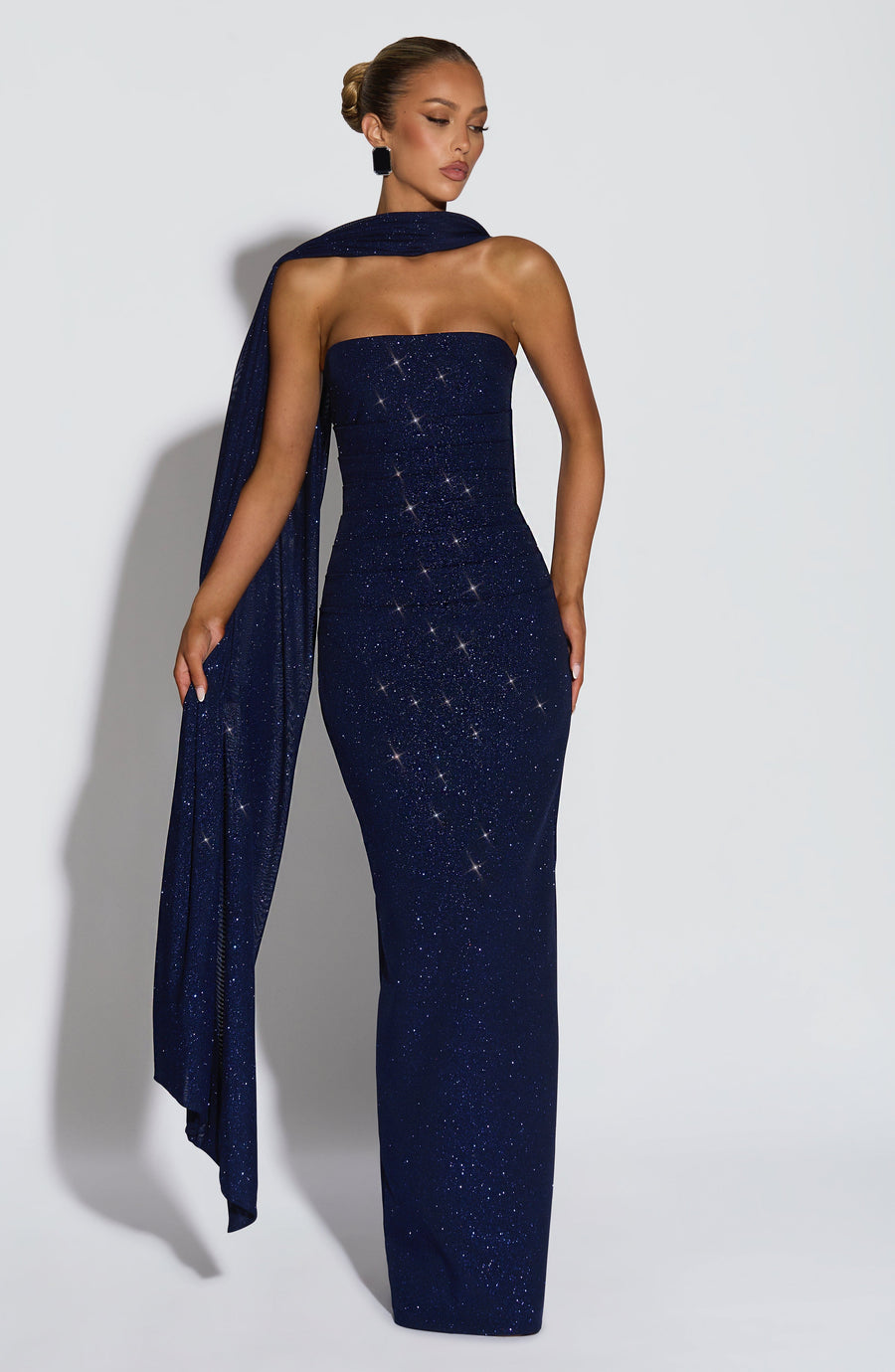 Gabriela™ - Vestido de Gala en Crêpe Azul Noche Centelleante