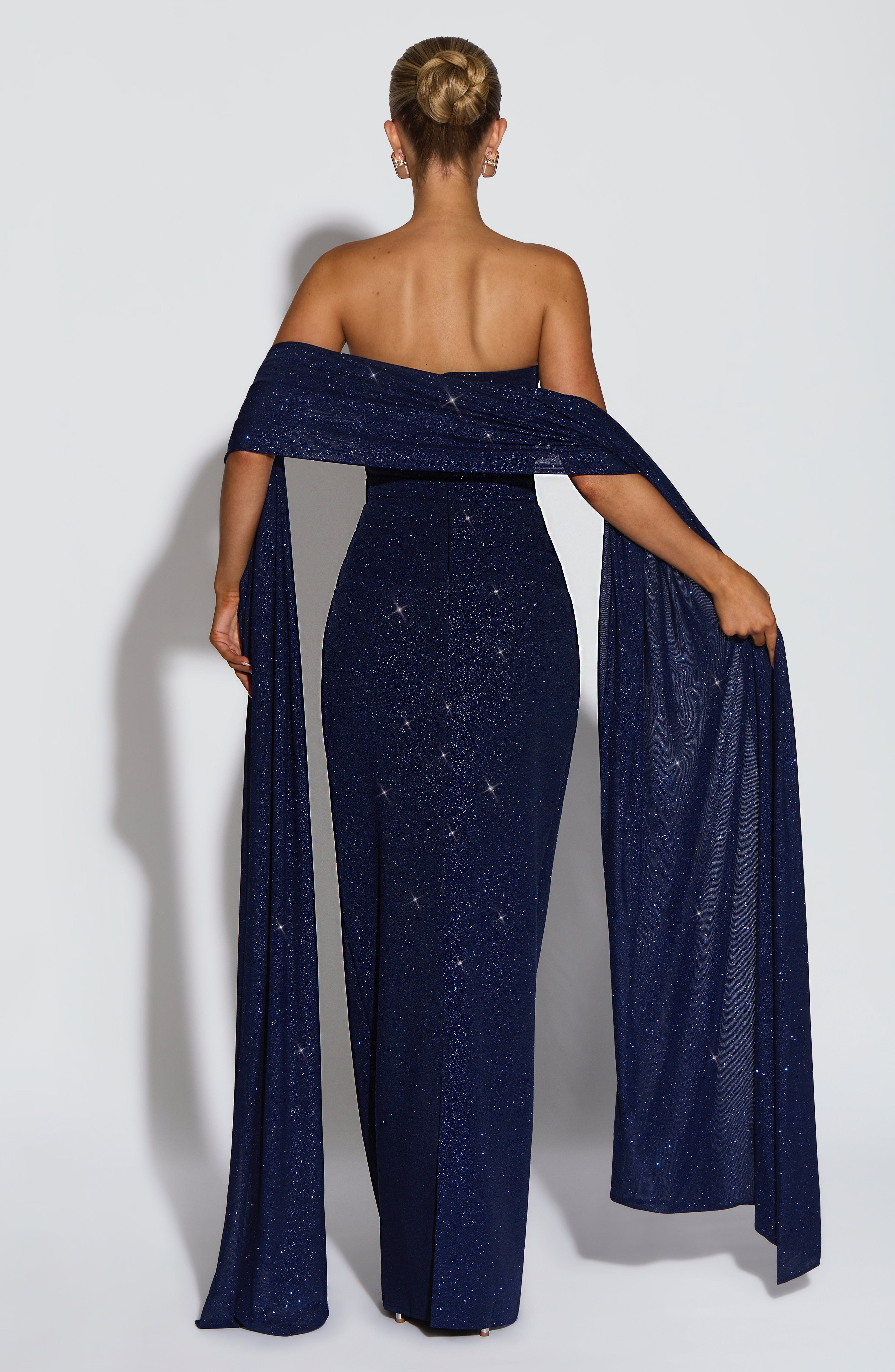 Gabriela™ - Vestido de Gala en Crêpe Azul Noche Centelleante