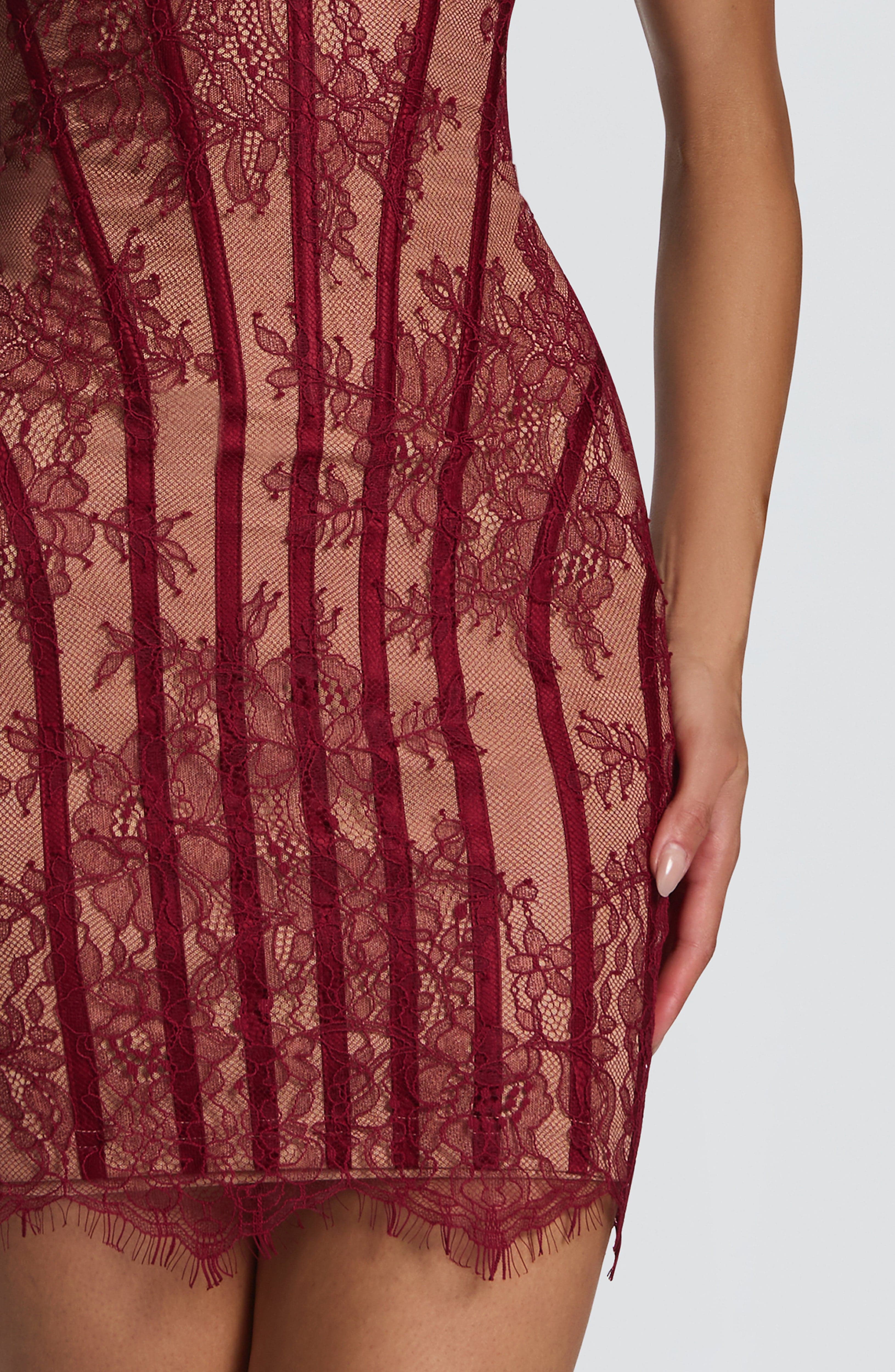 Sian™ - Vestido Mini en Encaje Floral Burgundy