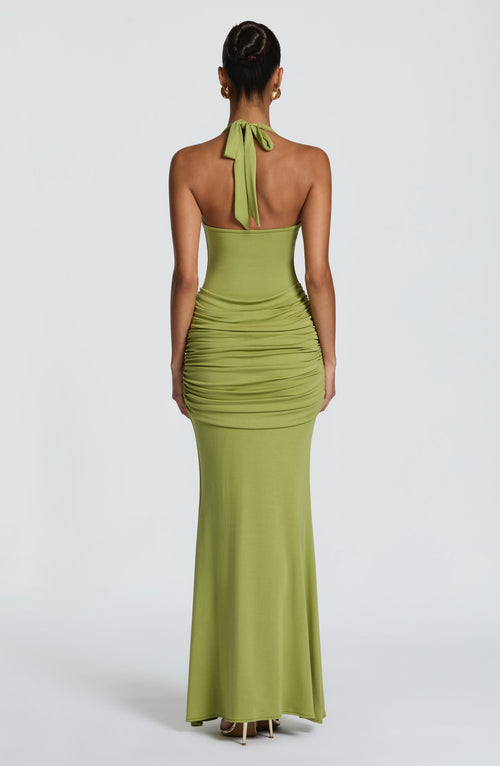 Adriana™ - Vestido de Gala Satinado en Verde Oliva