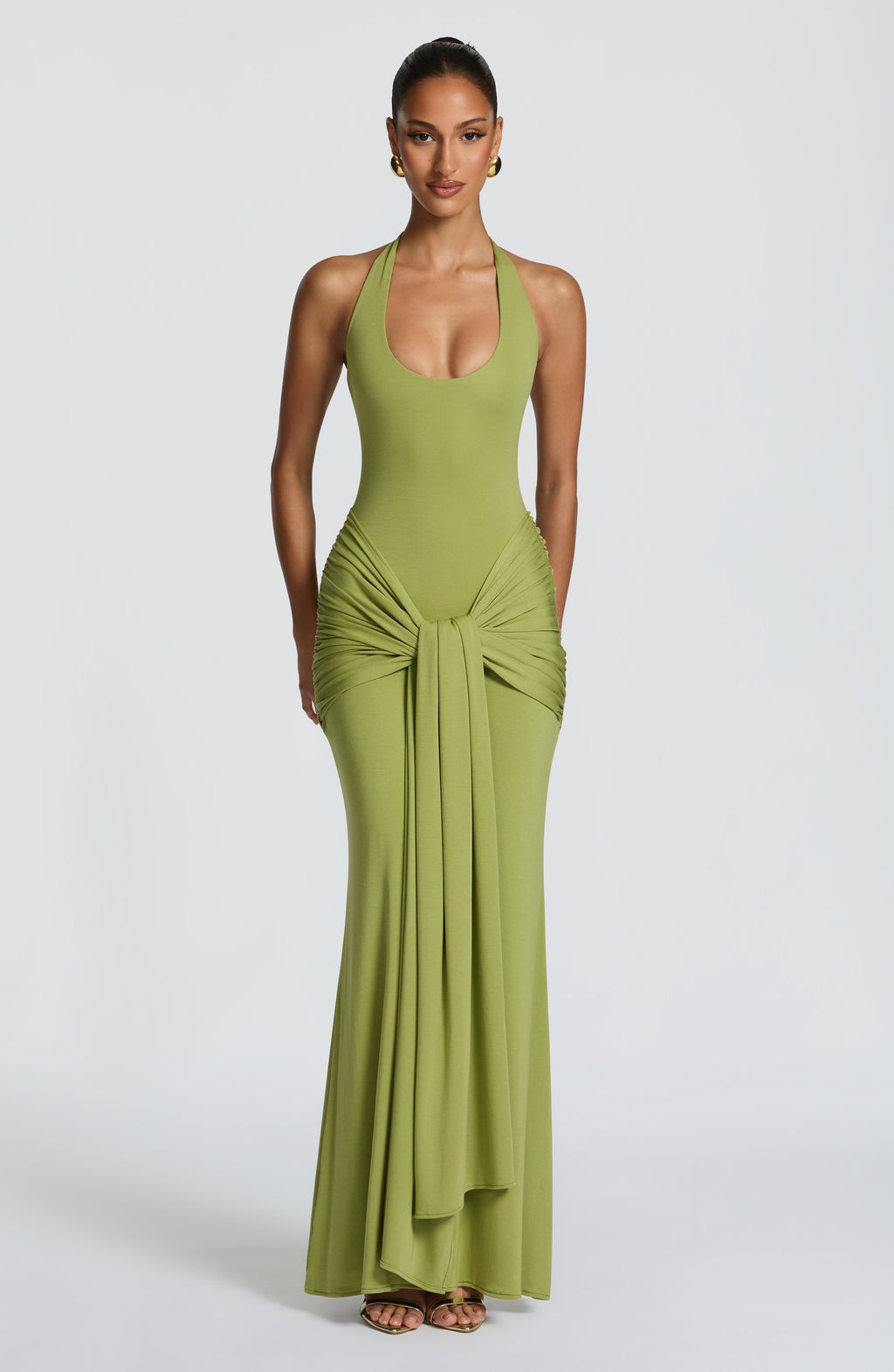 Adriana™ - Vestido de Gala Satinado en Verde Oliva